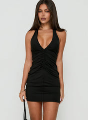 Aliciya Ruched Halter Mini Dress Black