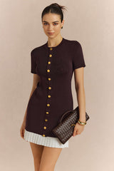 Contrast Round Neck Metallic Button Short Sleeve Mini Dress