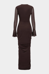 Mesh Patchwork Ruched Bell Long Sleeve Maxi Dress