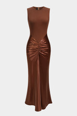 Satin Patchwork Round Neck Ruched Sleeveless Maxi Dress
