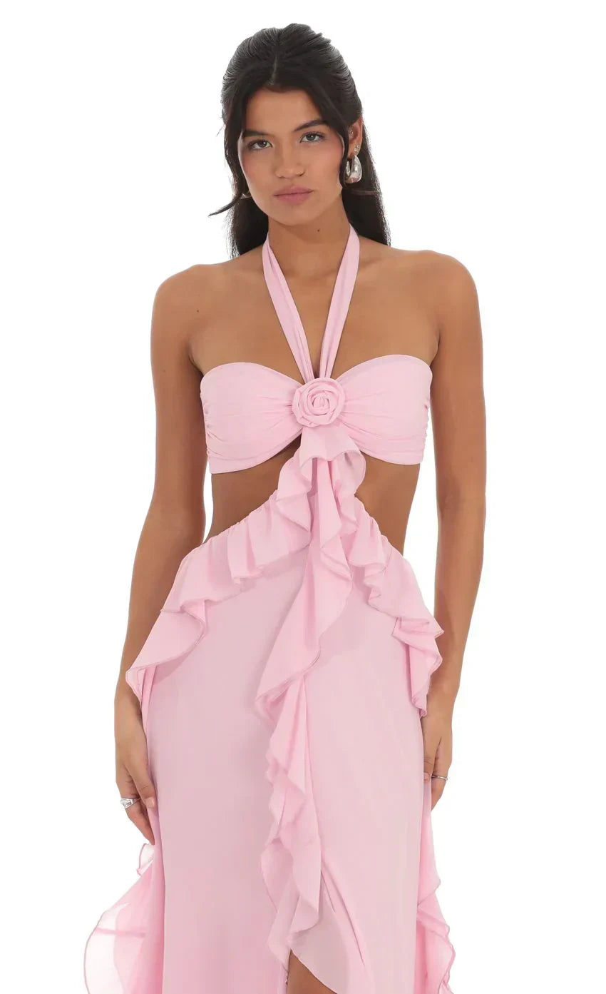 Chiffon Cutout Ruffle Maxi Dress in Pink