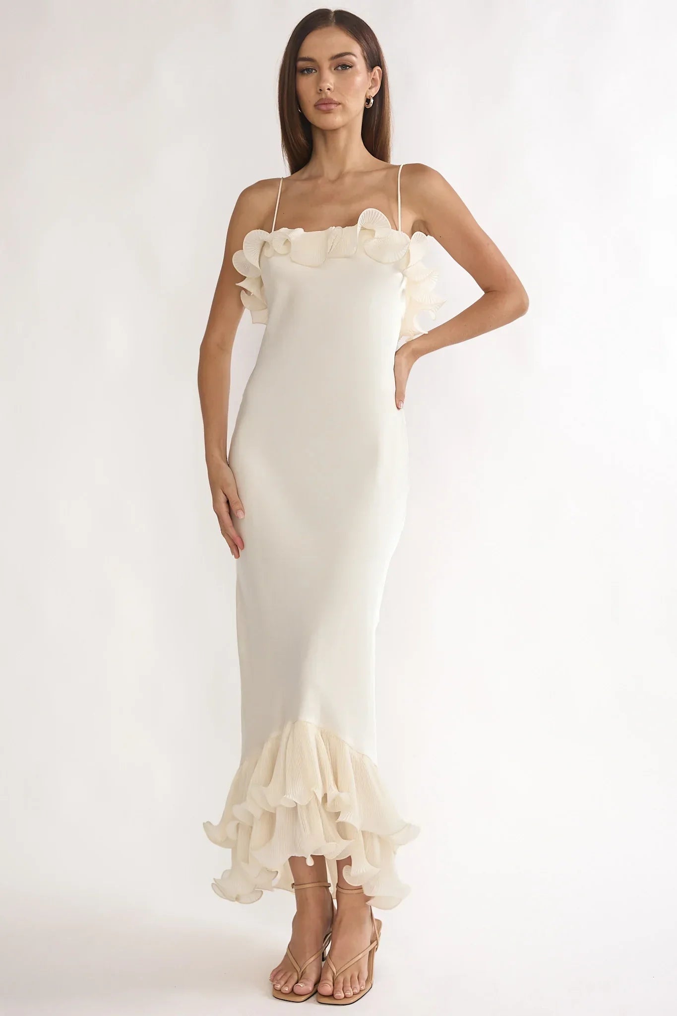 Okay, Cupid Low Back Ruffle Trim Maxi Dress Oyster