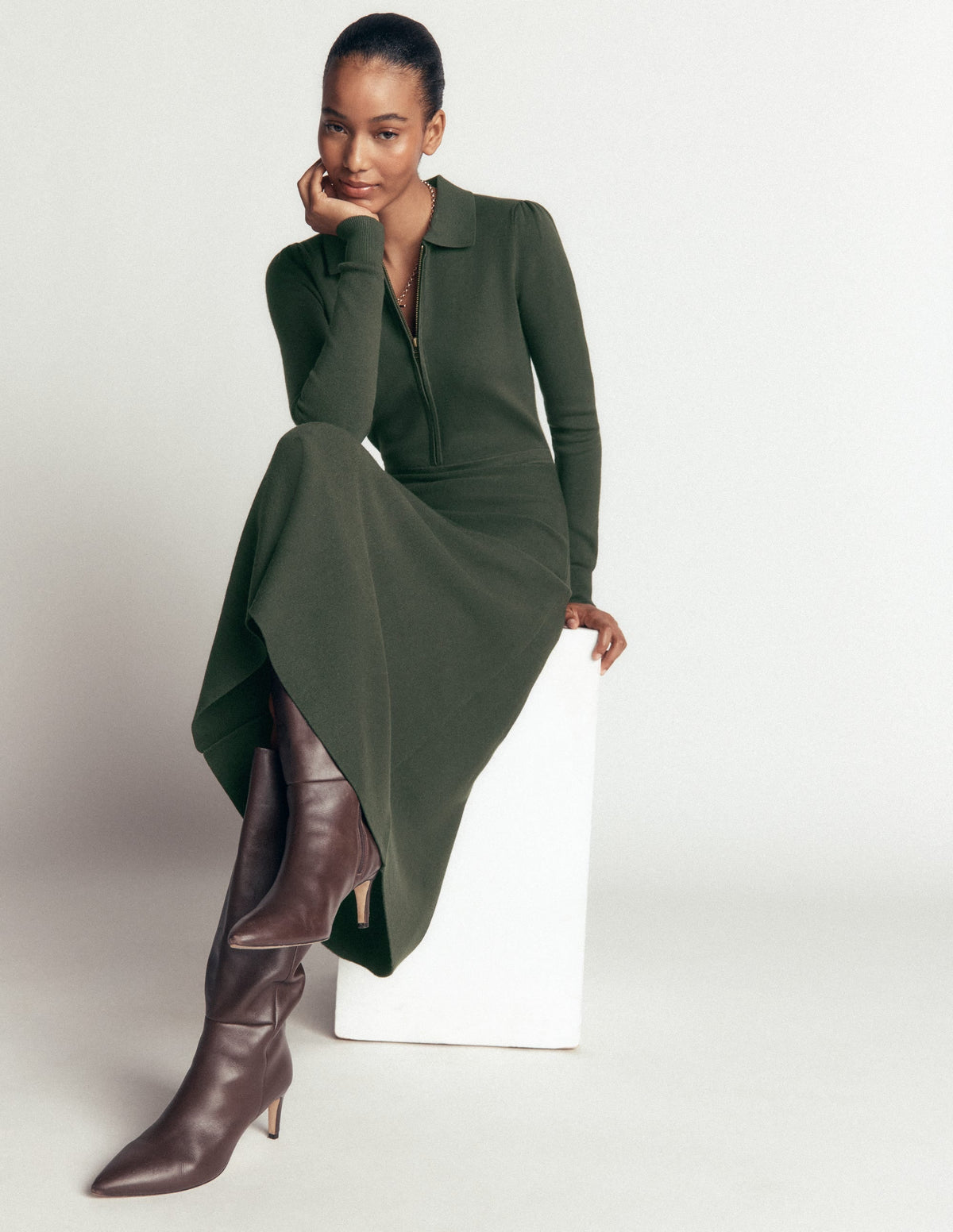 Fiona Zip Front Knitted Dress-Hunter Green