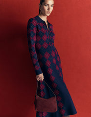Fiona Zip Front Knitted Dress-Navy and Maroon Argyle