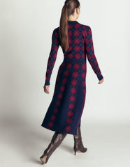 Fiona Zip Front Knitted Dress-Navy and Maroon Argyle