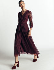 Pleated Tulle Midi Dress-Dark Cherry