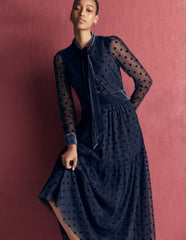 Tie Neck Tiered Tulle Dress-Navy
