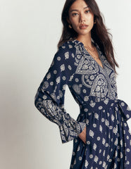 Blouson Tiered Jersey Dress-French Navy, Ornate Gardenia