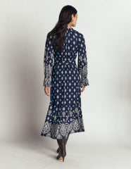 Blouson Tiered Jersey Dress-French Navy, Ornate Gardenia