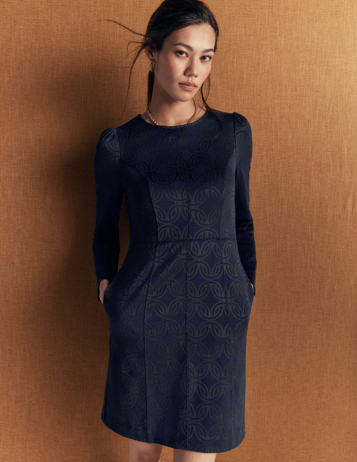Marla Seamed Ottoman Dress-Navy and Forest Glade Jacquard
