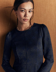Marla Seamed Ottoman Dress-Navy and Forest Glade Jacquard