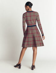 Crew Neck Jacquard Dress-Navy, Camel, Red Check