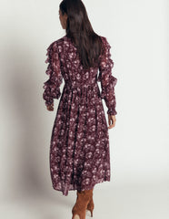 Ruffle Tie Neck Dress-Brown, Enchanted Sprigs