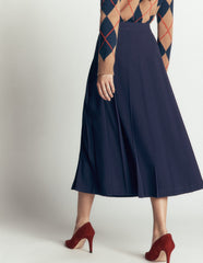 Pleat Side Split Midi Skirt-Navy