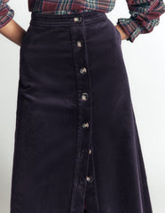 Val Button Cord Midi Skirt-Navy