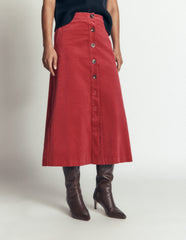 Val Button Cord Midi Skirt-Red Earth