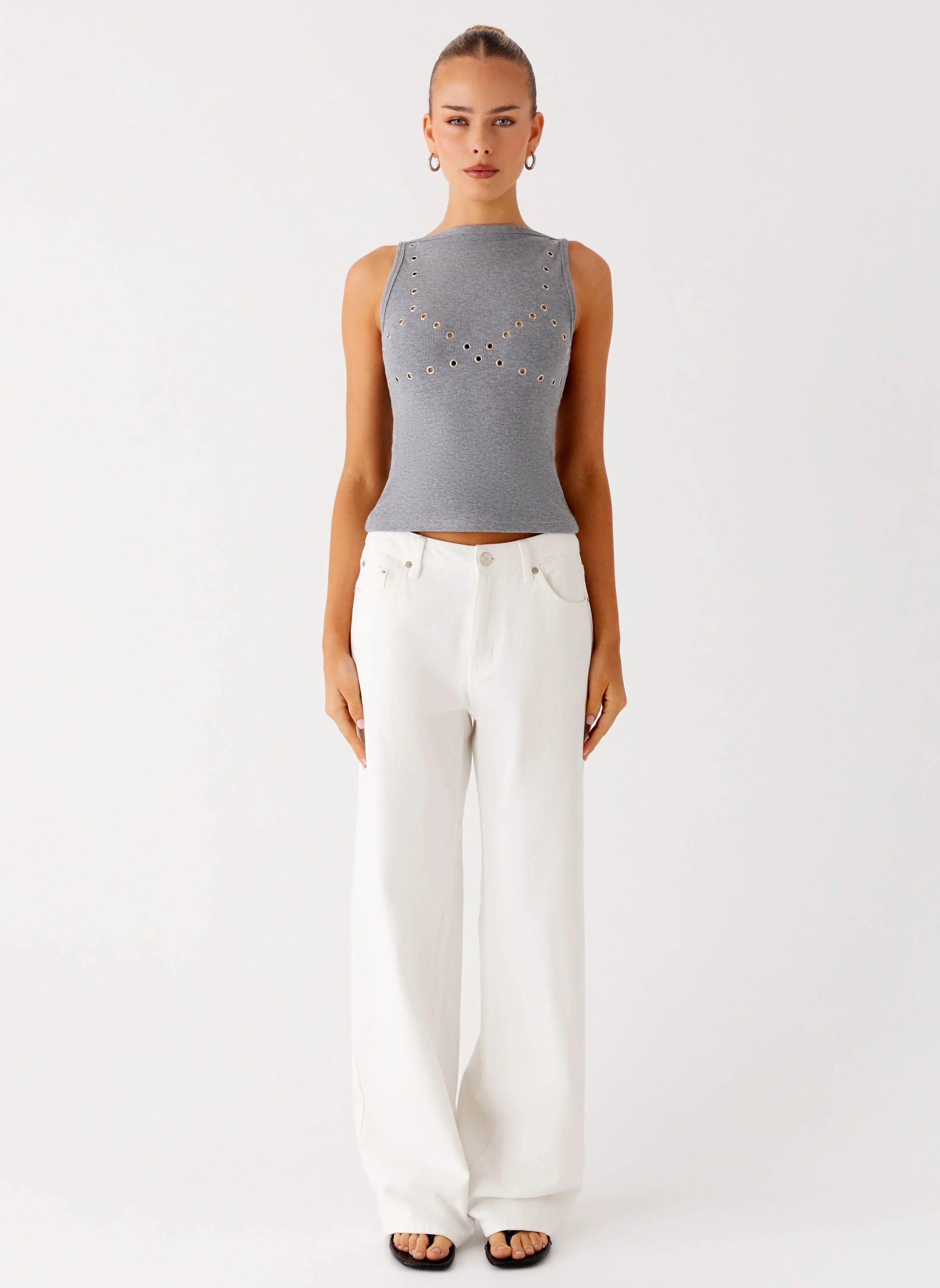 Drop Top Ribbed Eyelet Tank Top - Marle Grey