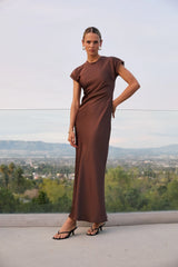 Hannah Satin Maxi Dress in Brown