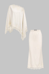 Lace Trim Patchwork Shawl And Shirred Waistband Skirt Set