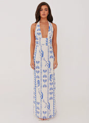 Sky Linen Maxi Dress - Floral Wave