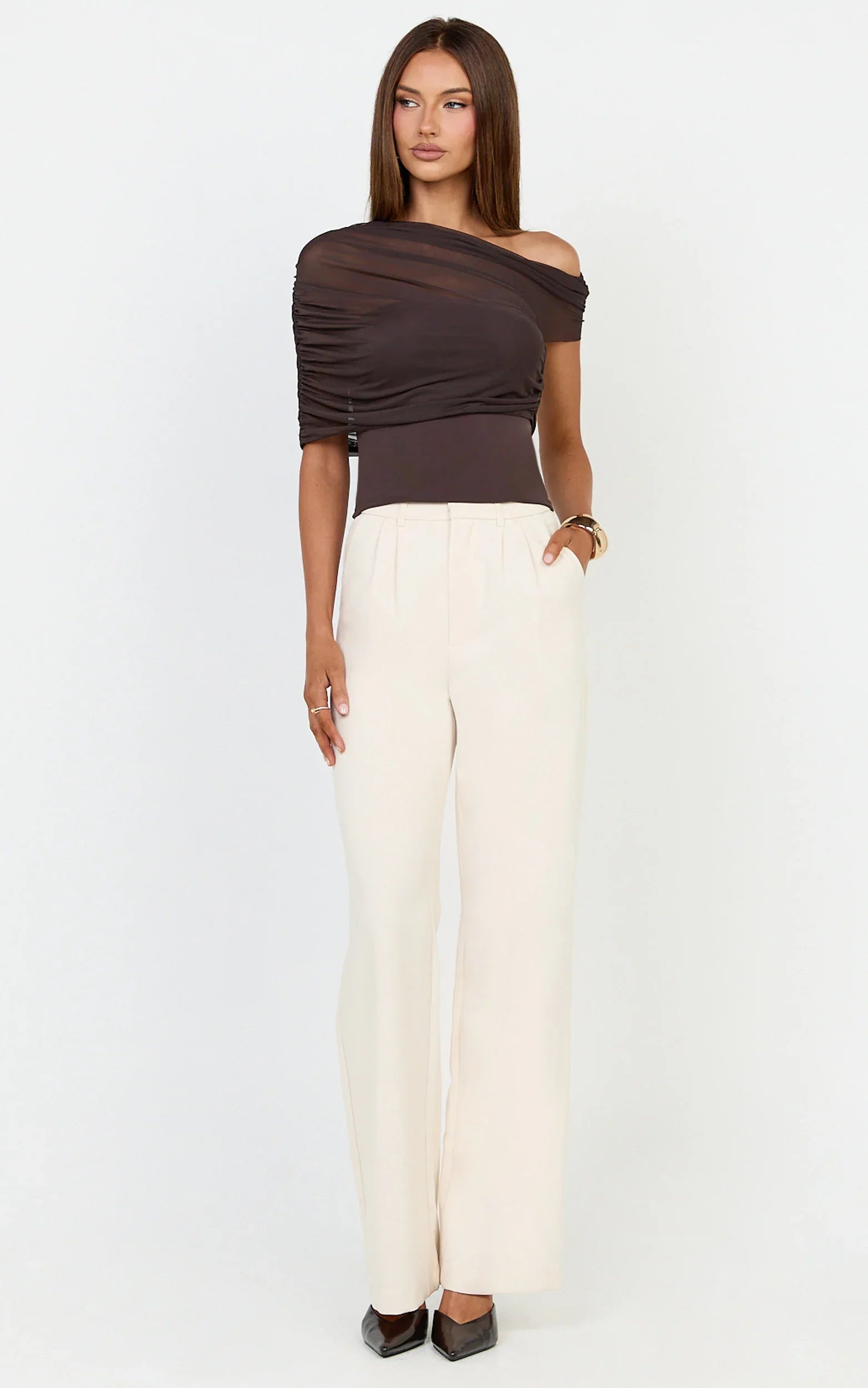 Sophia Top - Draped One Shoulder Mesh Overlay Top in Chocolate
