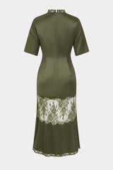 Satin Patchwork Lace Short Sleeve Maxi Dress
