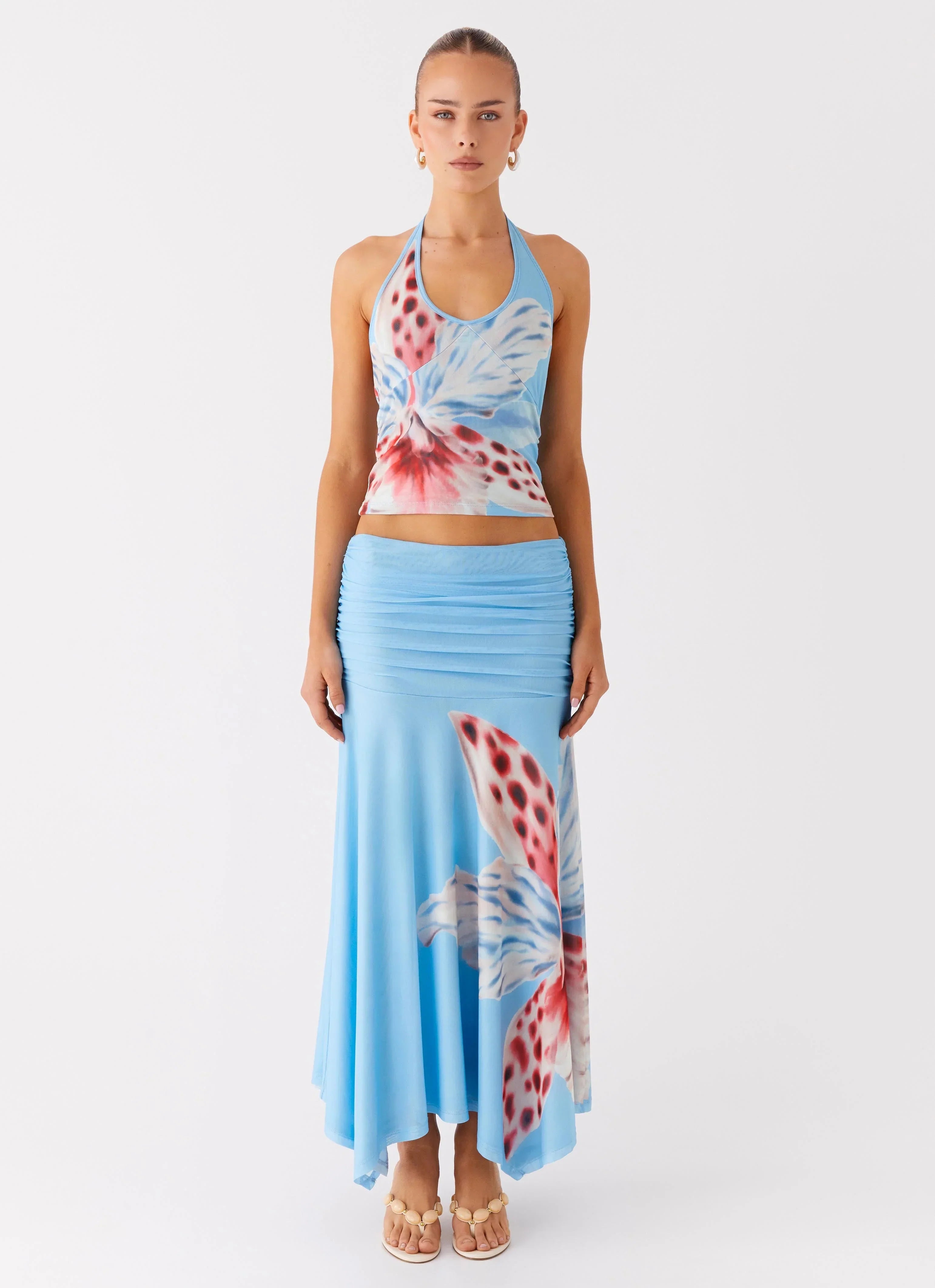 Liana Ruched Maxi Skirt - Deep Sea Bloom