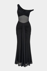 Patchwork Mesh One Shoulder Ruched Sleeveless Maxi Dress