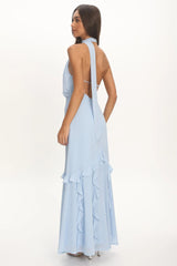 Lorielle One-Shoulder Ruffle Trim Maxi Dress Blue