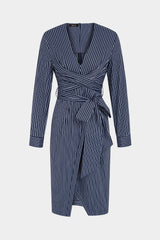Stripes Print Crossed Knotted Long Sleeve Midi Dress