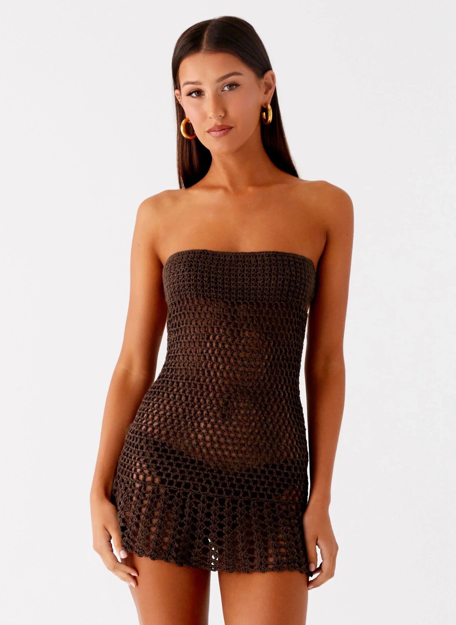 Kaiane Strapless Crochet Mini Dress - Chocolate