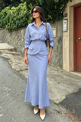 Lapel Long Sleeve Shirt And Wrap Skirt Set