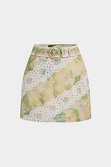 Watercolor Floral Print Applique Belted Mini Skirt