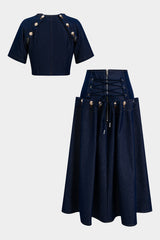 Denim Metallic Button Short Sleeve Top  And Tie-Up Skirt Set