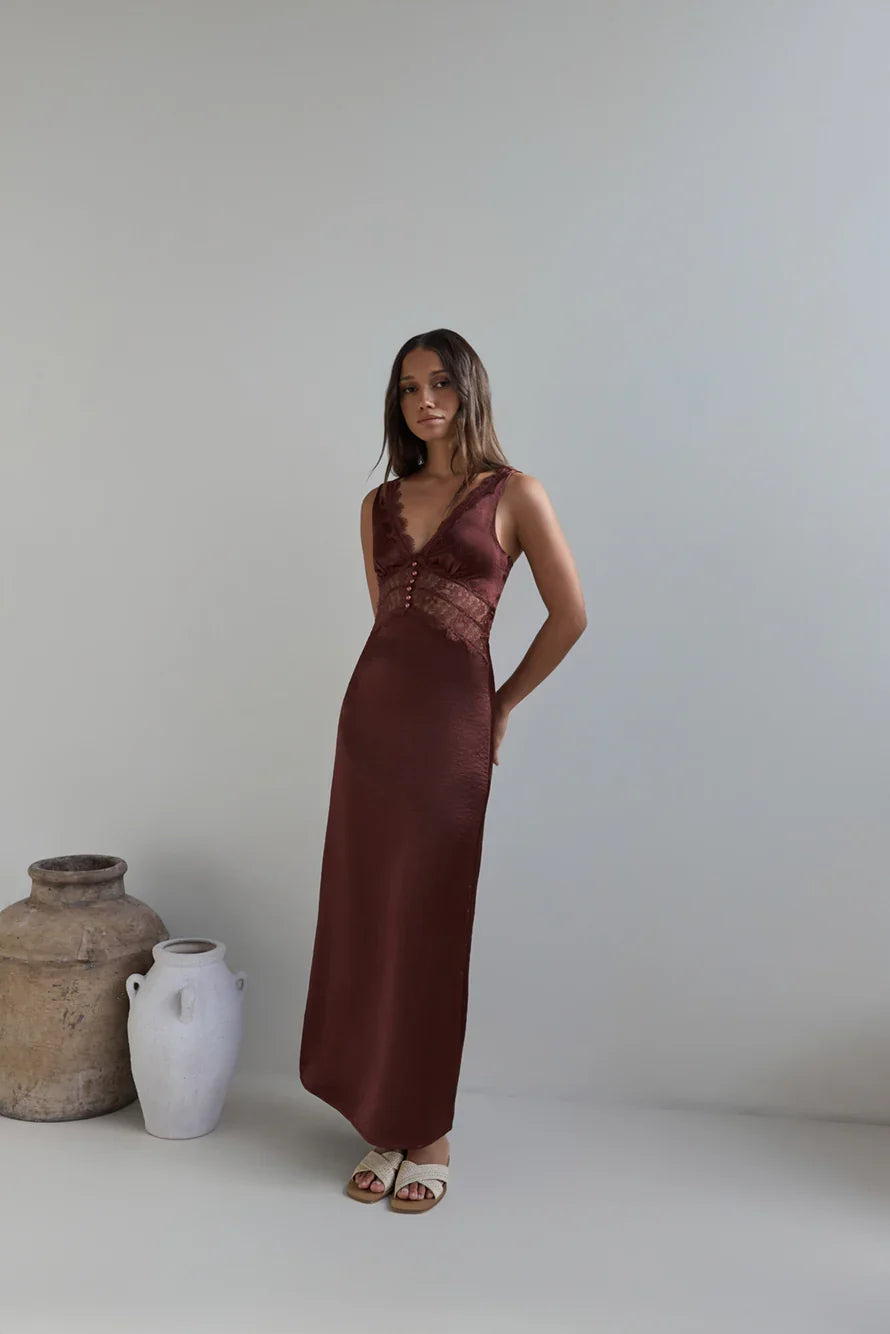 Romantic One Satin Maxi Dress Brown