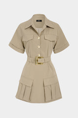 Metallic Belted Pocket Short Sleeve Mini Dress