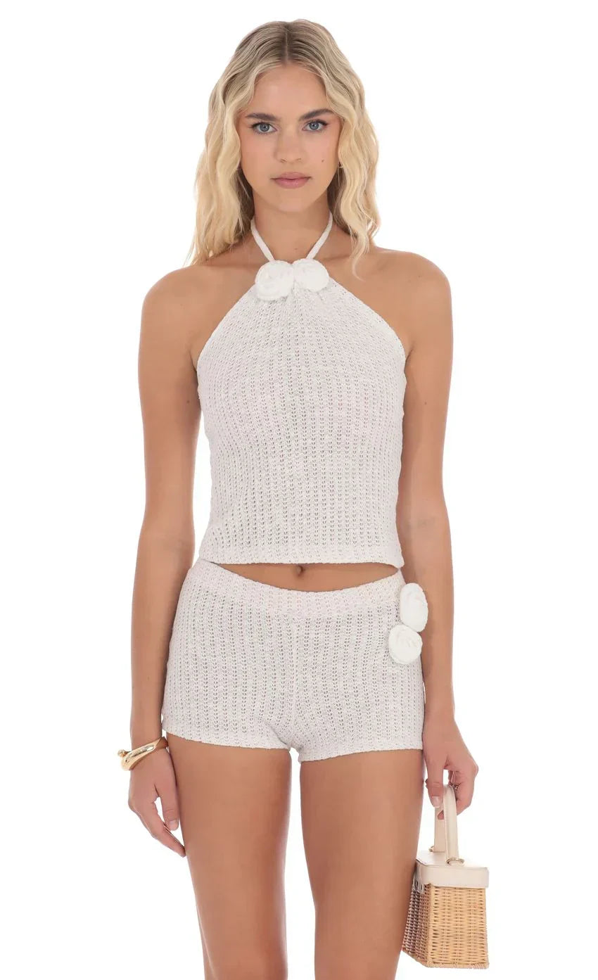 Crochet Rosette Halter Top in White