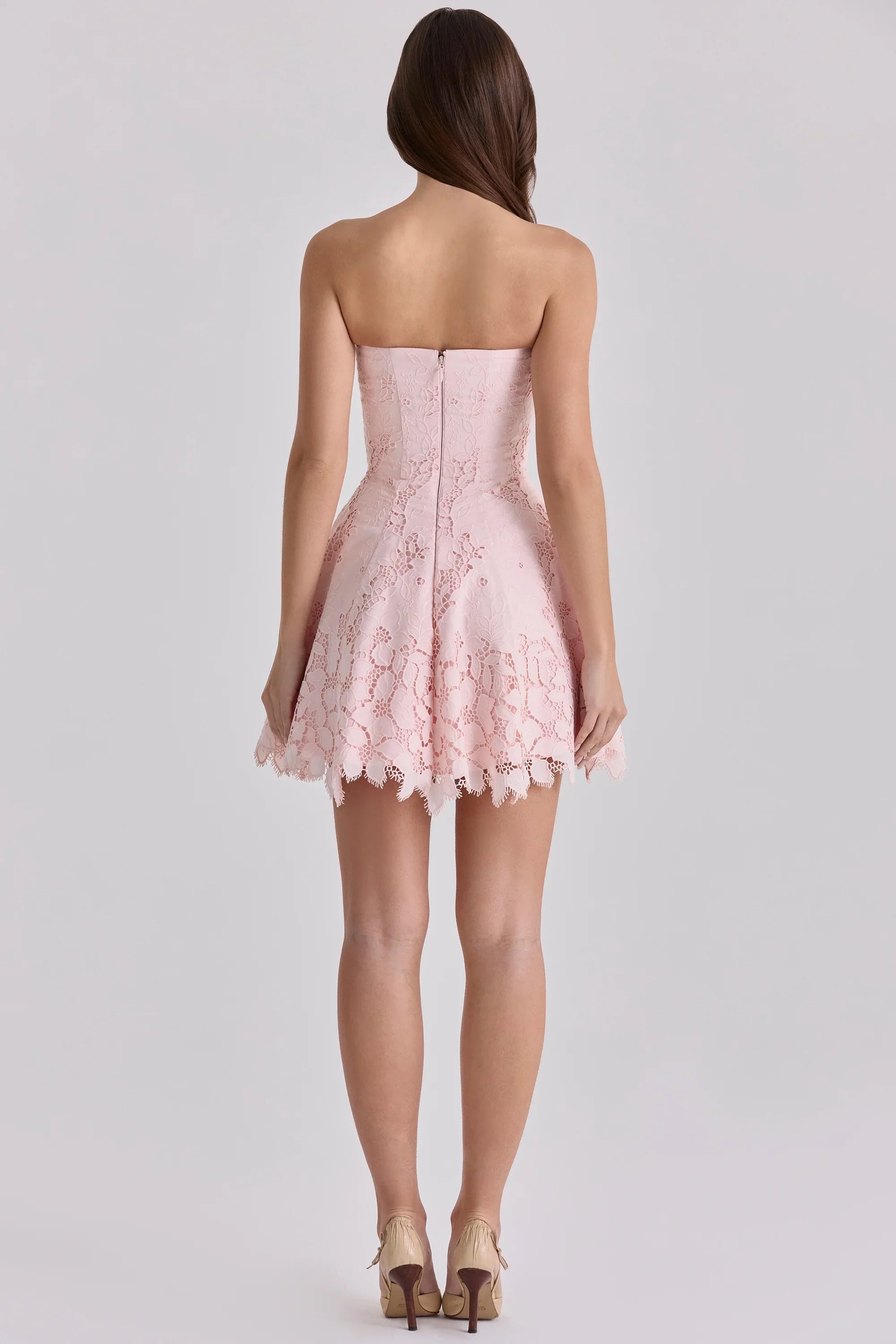 pink strapless cut out broderie anglaise mini dress