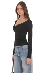 Lace Trim Long Sleeve Top in Black