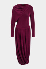 Asymmetrical Ruched Round Neck Long Sleeve Maxi Dress