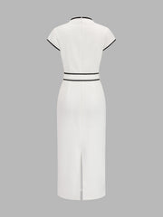 Contrast Trim Belted Pencil Midi Dress