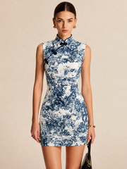 Toile Print Frog Button Sleeveless Mini Dress
