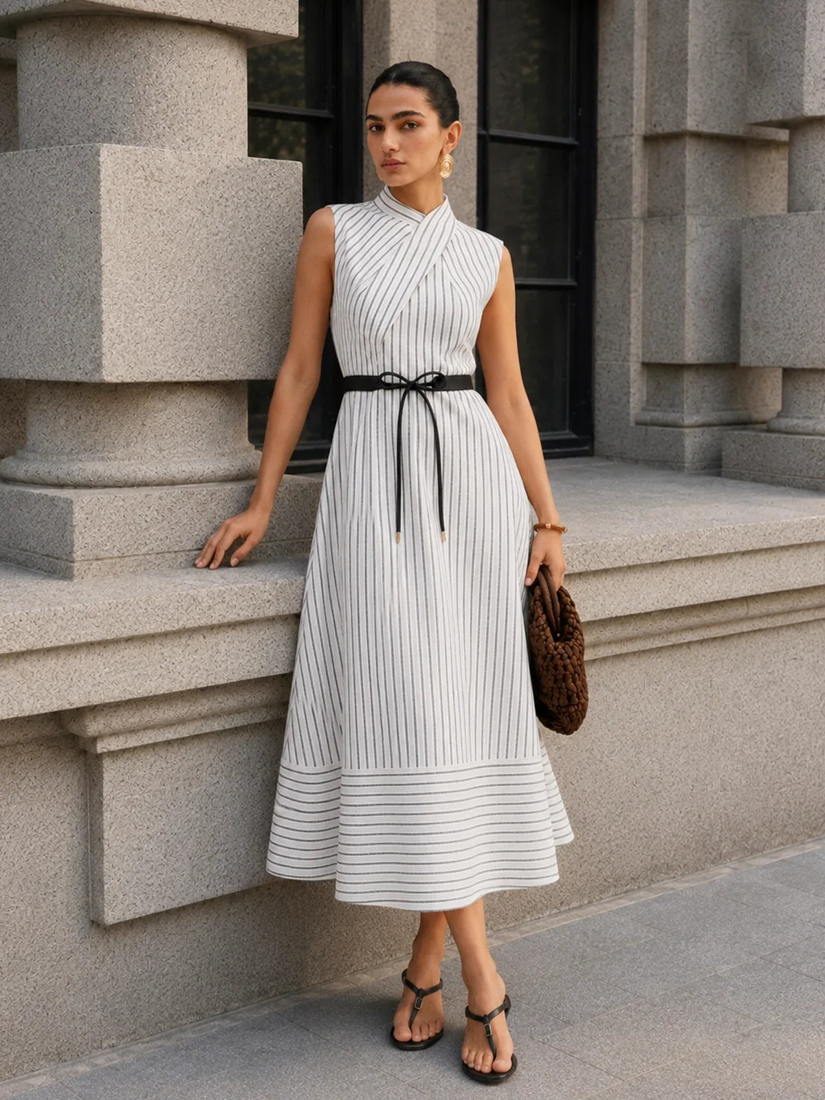 Wrap Collar Striped Belted Midi Dress