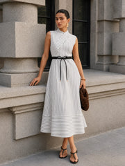 Wrap Collar Striped Belted Midi Dress