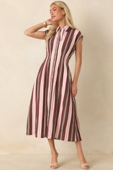 Coffee & Conversation Brown & Pink Stripe Midi Shirt Dress