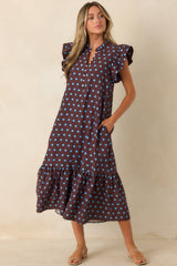 Get a Corner Table Brown & Blue Polka Dot Flutter Sleeve Midi Dress