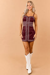 PRE-ORDER Burgundy Cotton Contrast Rick Rack Detail Mini Dress SHIP ETA 9/5