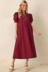 She Makes a Strong Point Burgundy Contrast Stitch Cotton Midi Dress