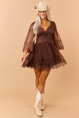 PRE-ORDER Cocoa Dotted Mesh Lace Trim Deep V Mini Dress SHIP ETA 8/31