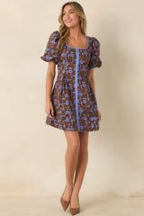 The Prettiest View Brown & Blue Floral Cotton Mini Dress